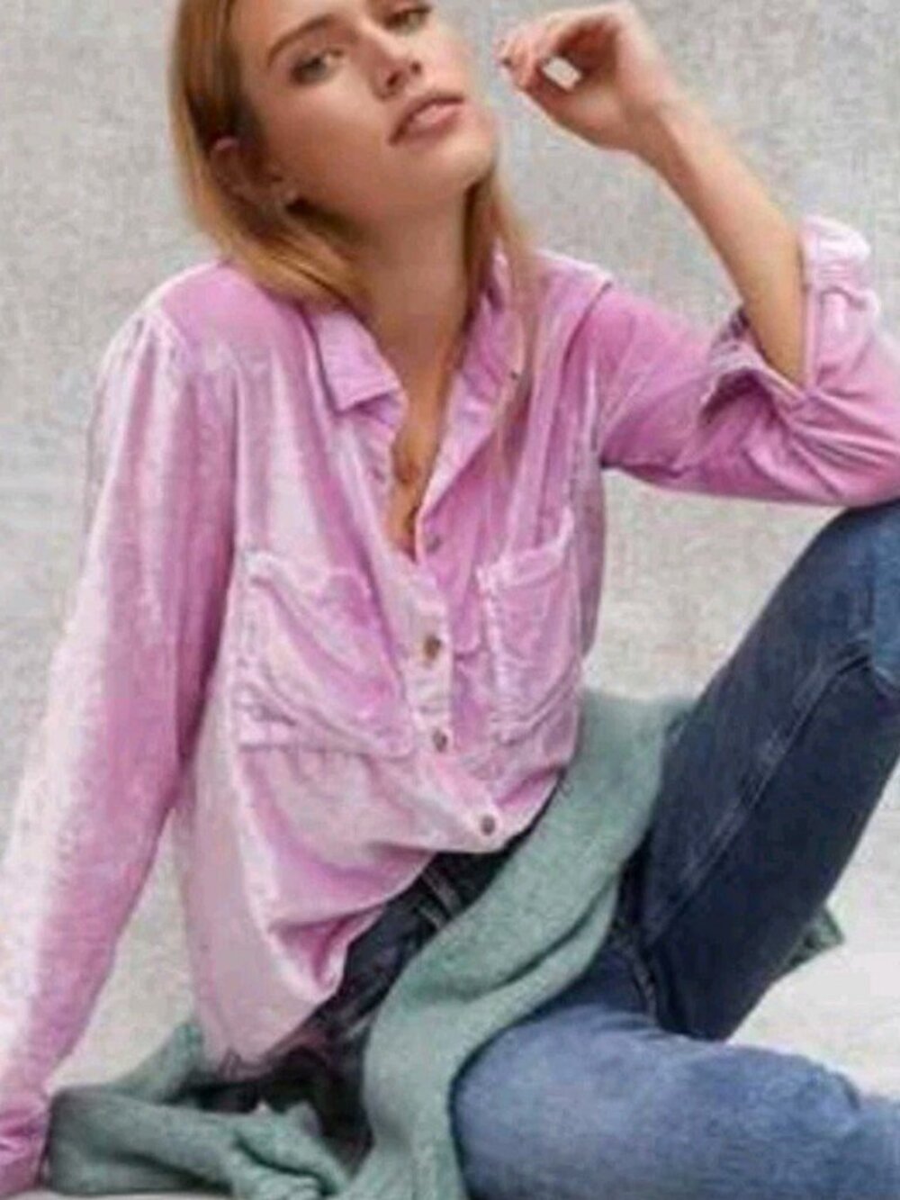 Anthropologie Pilcro Mara Relaxed Crushed Velvet Button Down Shirt Pink Sz 10